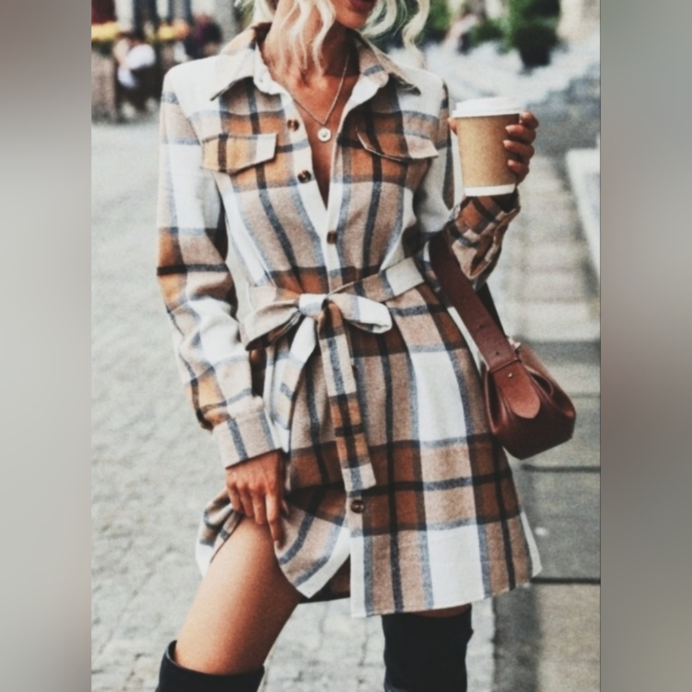 NEW Distressed Cozy Flannel Plaid Shirt Dress Shacket Tan White Black Button Up - Picture 2 of 9